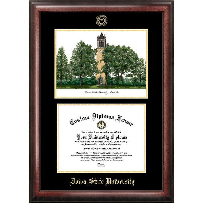 Iowa State University 11w x 8.5h Gold Embossed Diploma Frame with Campus Images Lithograph
