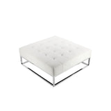 Ipp 40 Inch Ottoman, Button Tufted White Faux Leather, Square Chrome Frame