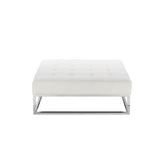 Ipp 40 Inch Ottoman, Button Tufted White Faux Leather, Square Chrome Frame