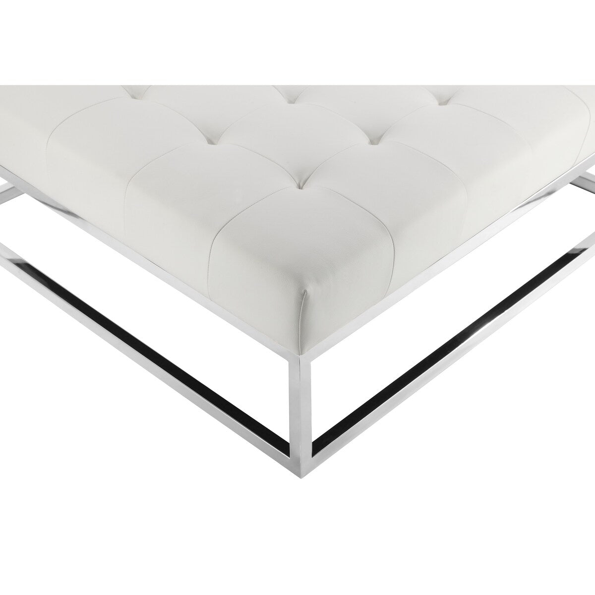 Ipp 40 Inch Ottoman, Button Tufted White Faux Leather, Square Chrome Frame