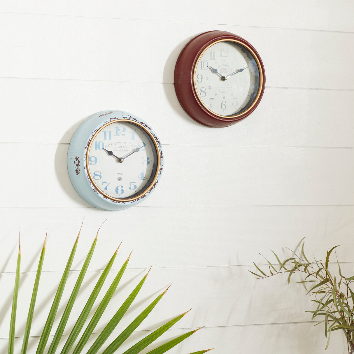 White Iron Vintage Wall Clock No Theme (Set of 2) - 10"L, 10"H