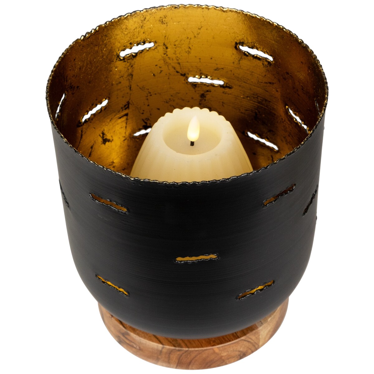 Iron and Foil Pillar Candle Holder with Wooden Base - 8.25" - Antiqued Black and Gold