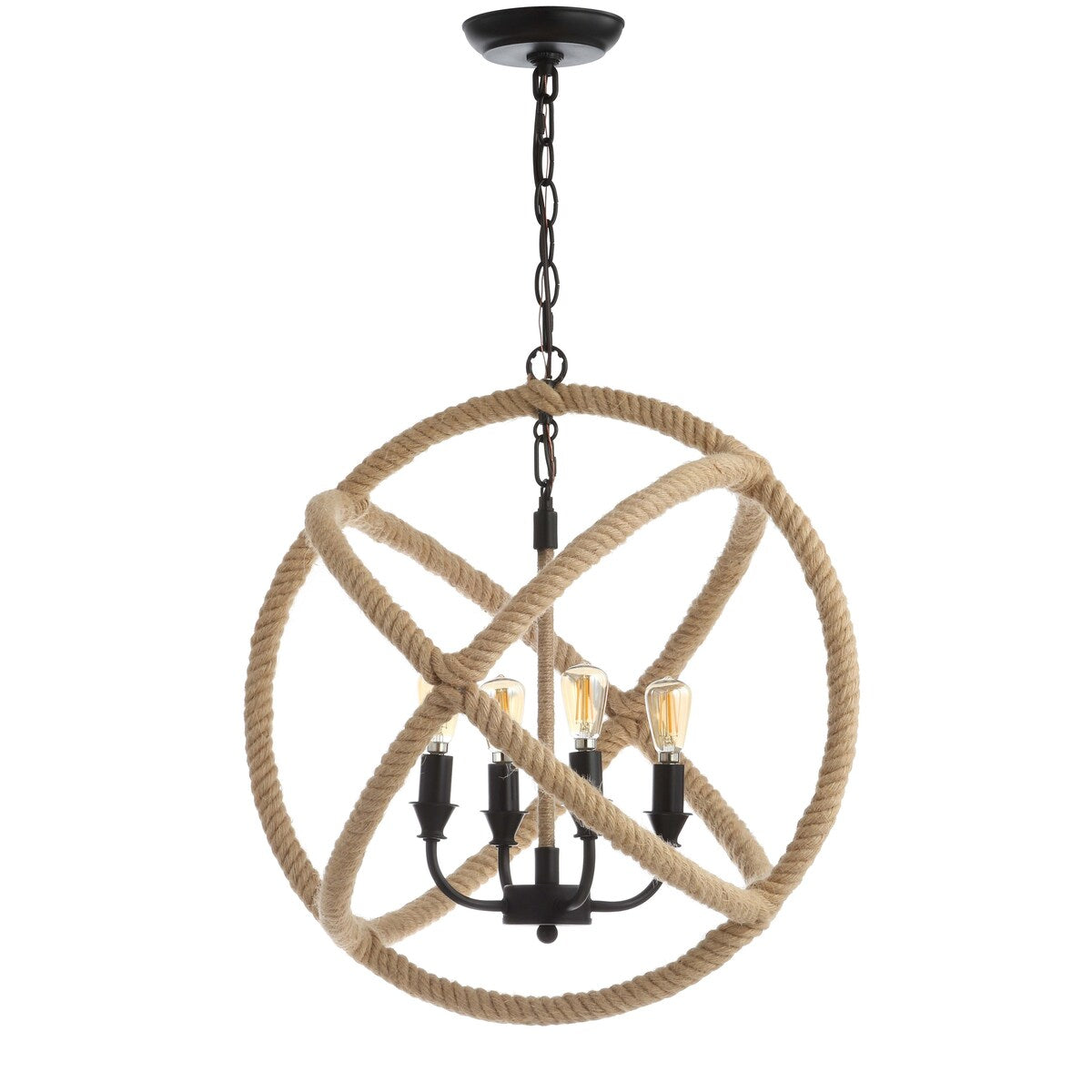 Isabelle 4-Light 20" Adjustable Globe Metal/Rope LED Pendant, Black/Brown by JONATHAN Y