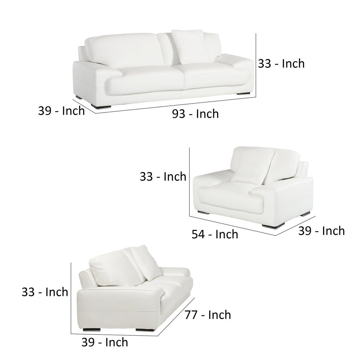 Italian Leather 3 Piece Sofa Set, Plush Cushioning, Steel Base, White