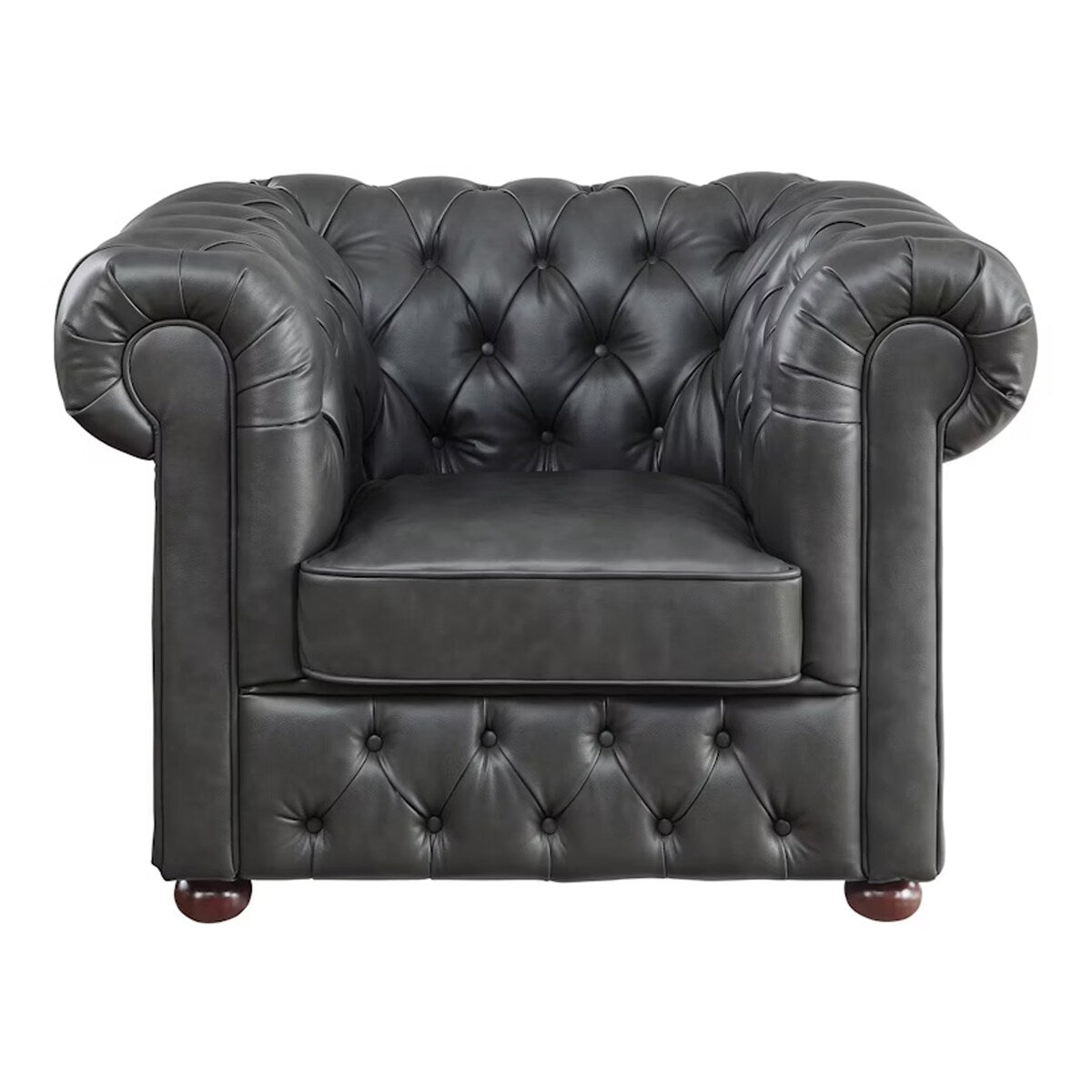 Ivey 37 Inch Accent Chair, Gray Faux Leather, Tufted, Chesterfield, Wood