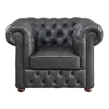 Ivey 37 Inch Accent Chair, Gray Faux Leather, Tufted, Chesterfield, Wood