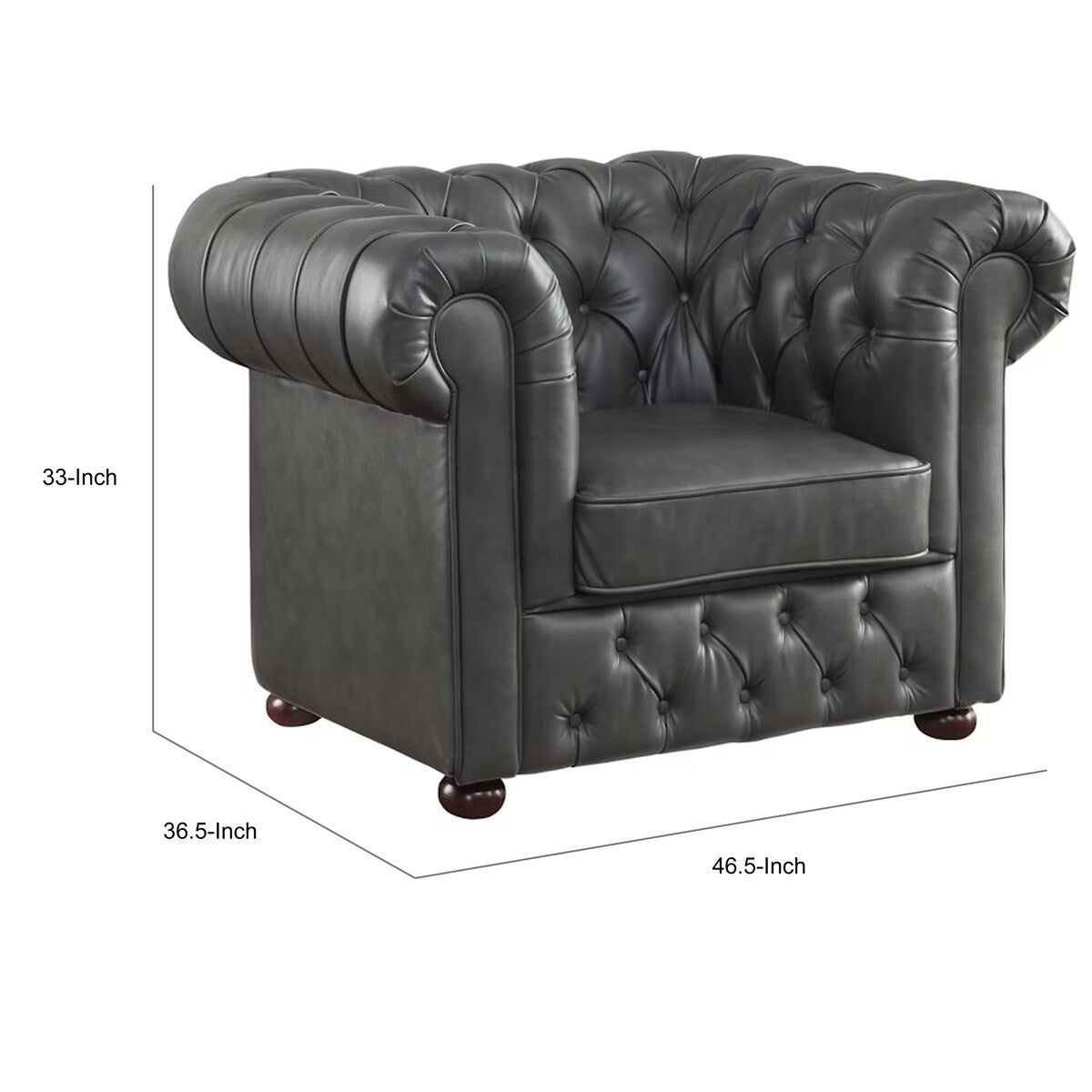 Ivey 37 Inch Accent Chair, Gray Faux Leather, Tufted, Chesterfield, Wood