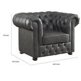 Ivey 37 Inch Accent Chair, Gray Faux Leather, Tufted, Chesterfield, Wood