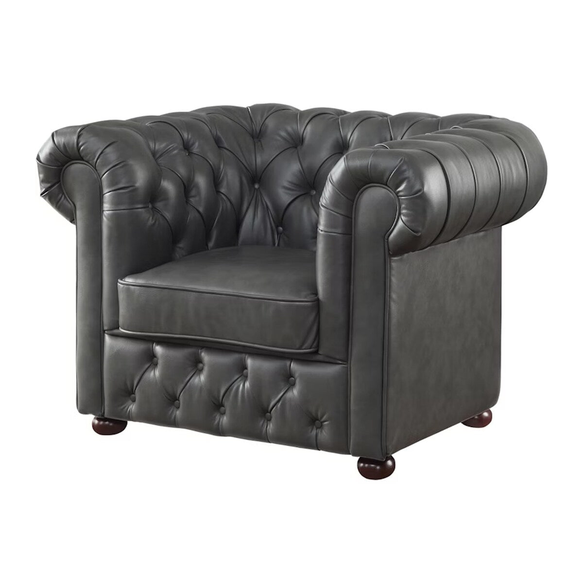 Ivey 37 Inch Accent Chair, Gray Faux Leather, Tufted, Chesterfield, Wood