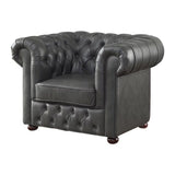 Ivey 37 Inch Accent Chair, Gray Faux Leather, Tufted, Chesterfield, Wood