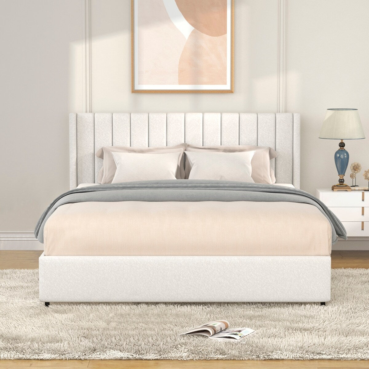 Ivory Boucle Upholstered Platform Bed with 4 Storage Drawers,Queen Size