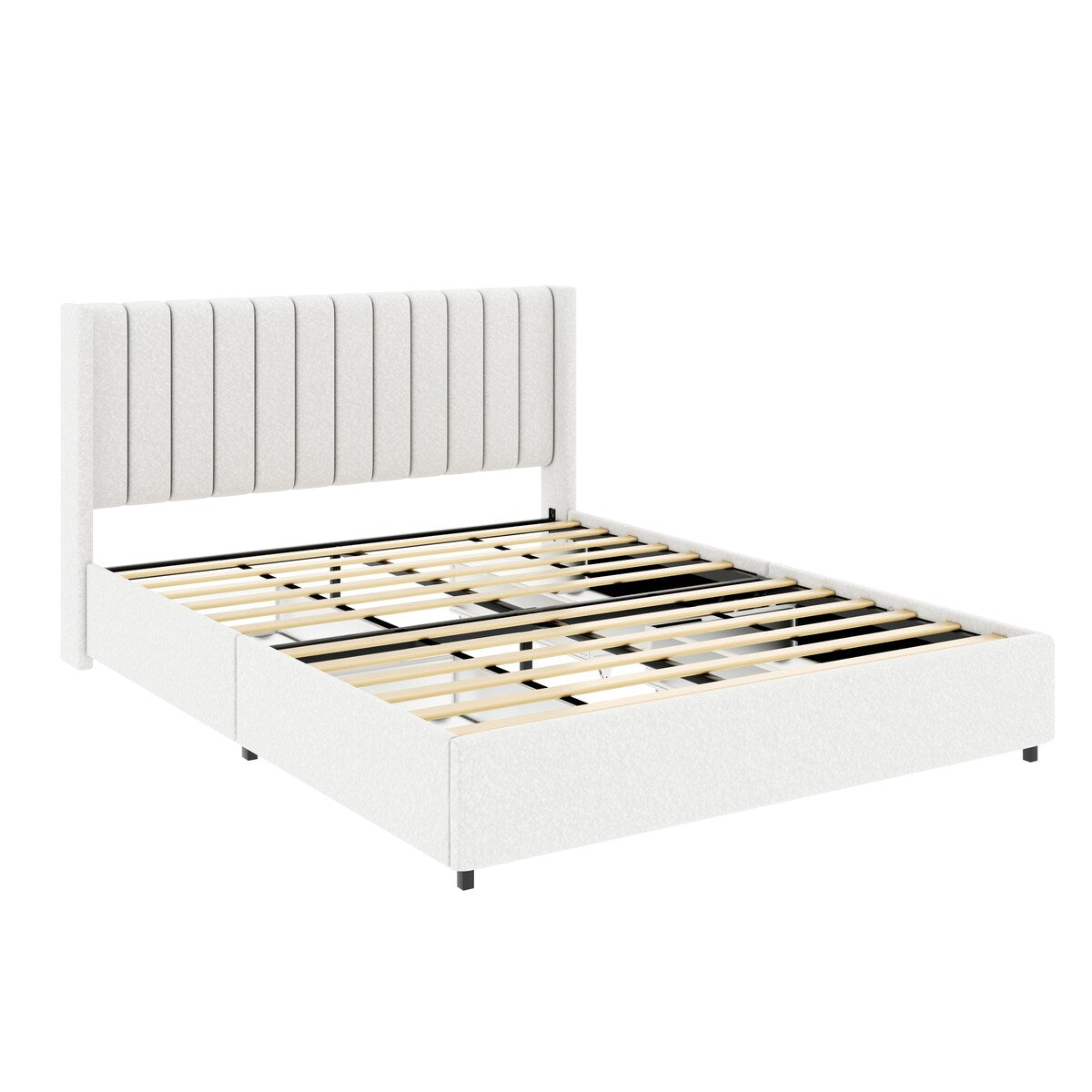 Ivory Boucle Upholstered Platform Bed with 4 Storage Drawers,Queen Size