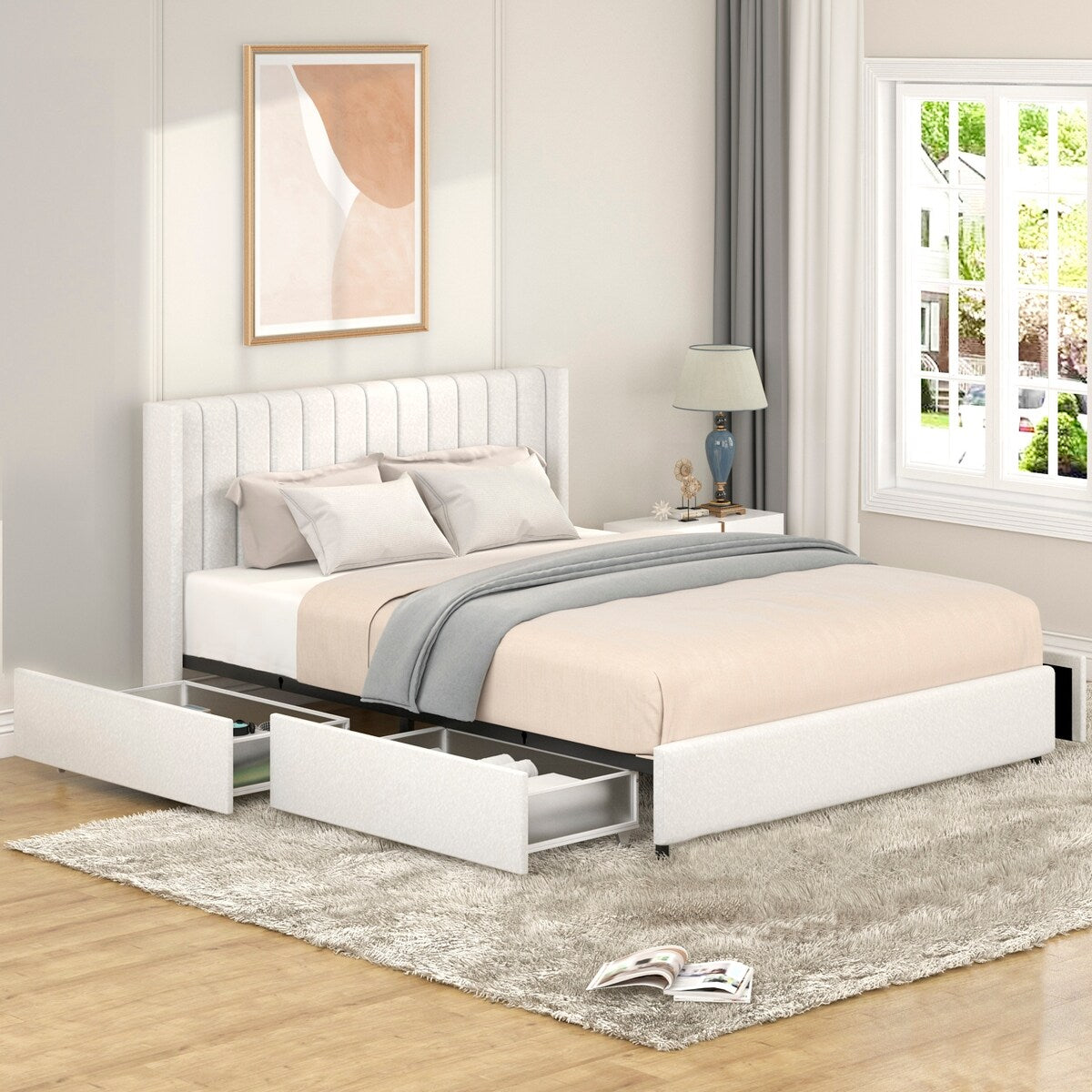 Ivory Boucle Upholstered Platform Bed with 4 Storage Drawers,Queen Size