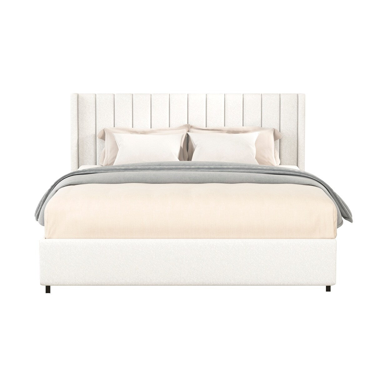 Ivory Boucle Upholstered Platform Bed with 4 Storage Drawers,Queen Size