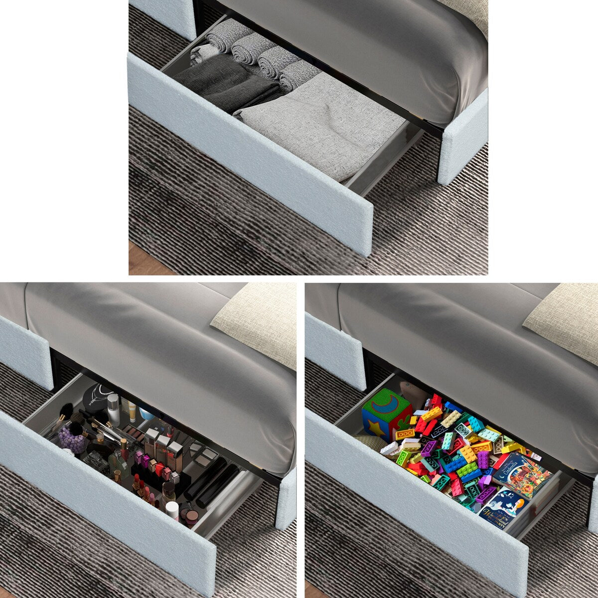 Ivory Boucle Upholstered Platform Bed with 4 Storage Drawers,Queen Size