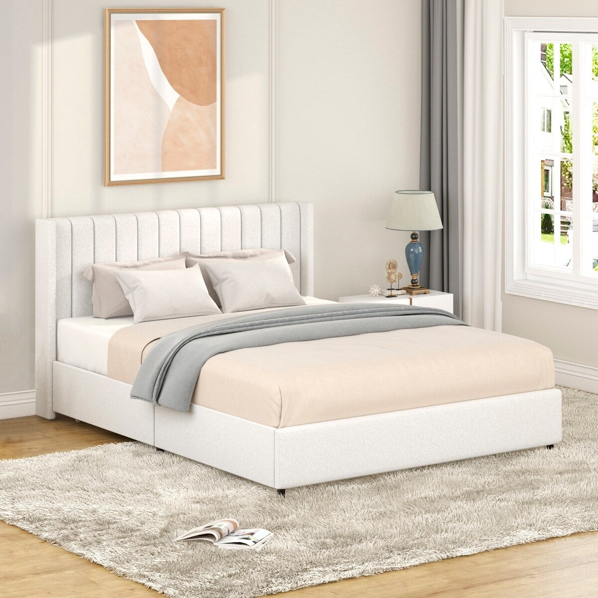Ivory Boucle Upholstered Platform Bed with 4 Storage Drawers,Queen Size