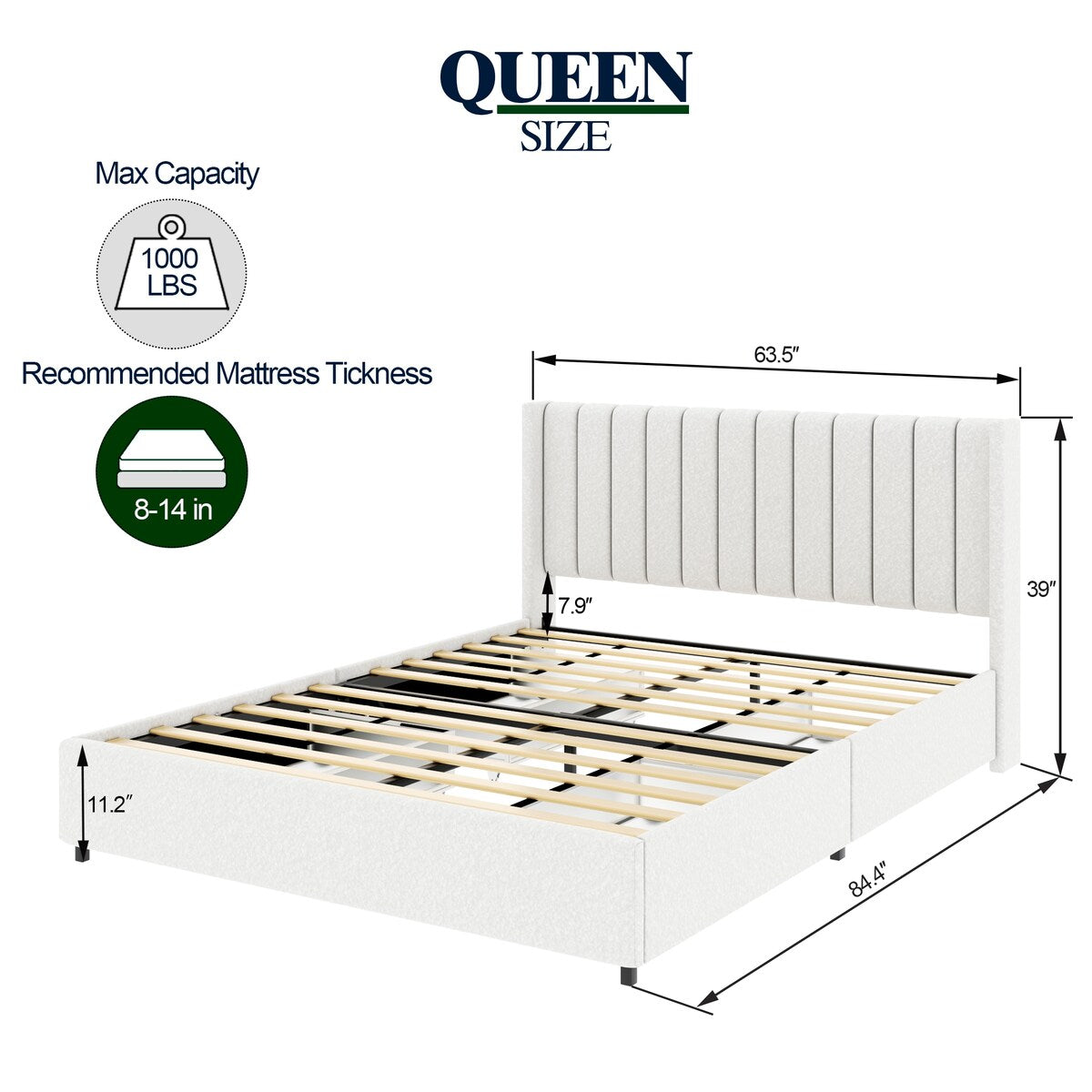 Ivory Boucle Upholstered Platform Bed with 4 Storage Drawers,Queen Size