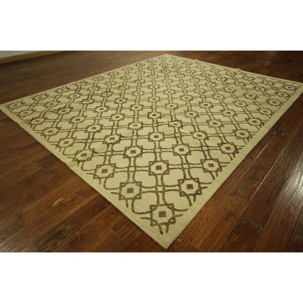 H1560 Ivory Brown Hand-knotted Wool Geometric Tibetan Area Rug (8' x 10')