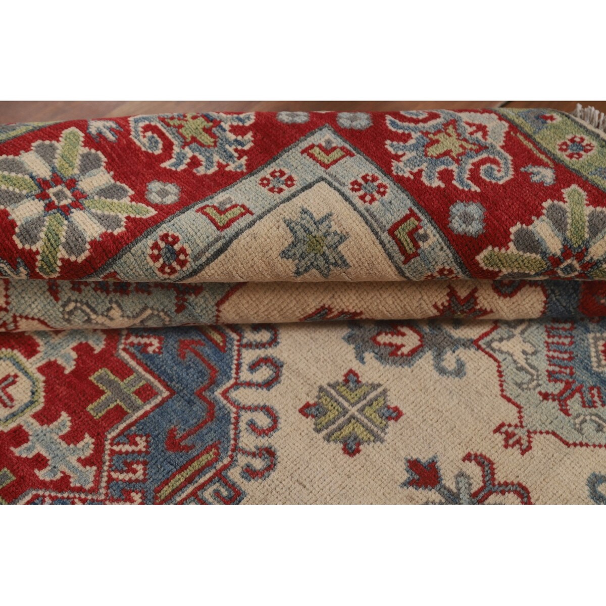 Ivory Kazak Area Rug Handmade Wool Carpet - 4'11" x 6'8"