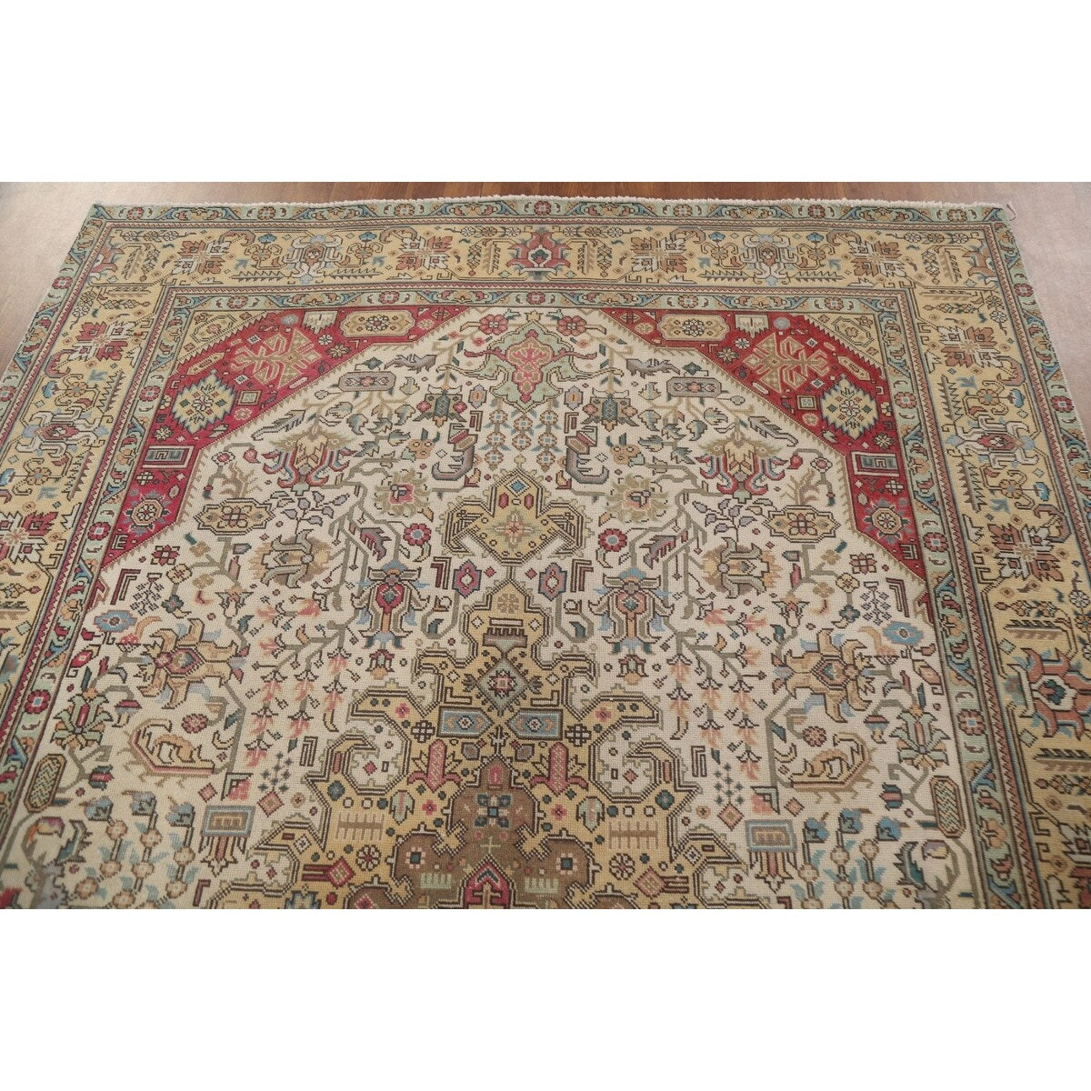 Ivory Tabriz Persian Vintage Area Rug Hand-knotted Wool Carpet - 6'4" x 9'5"