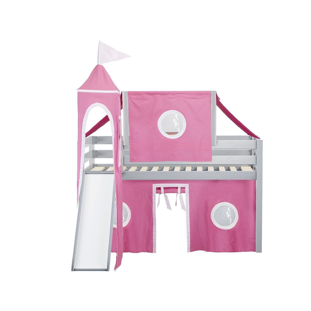 JACKPOT Prince & Princess Low Loft Twin Bed, Ladder Slide Tent & Tower