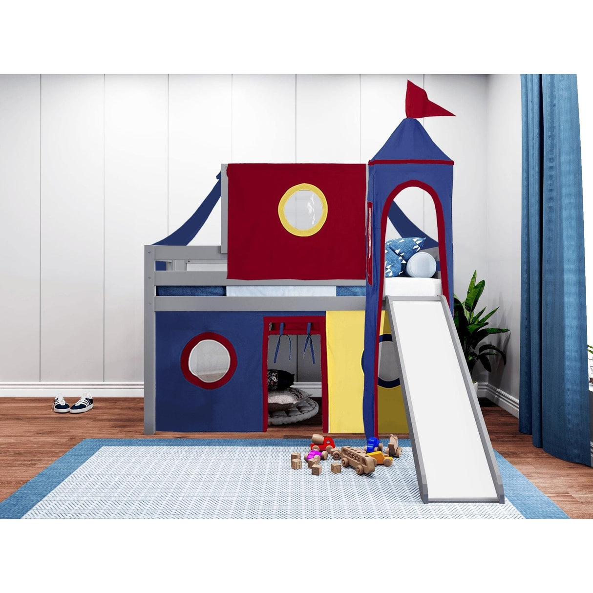 JACKPOT Prince & Princess Low Loft Twin Bed, Ladder Slide Tent & Tower