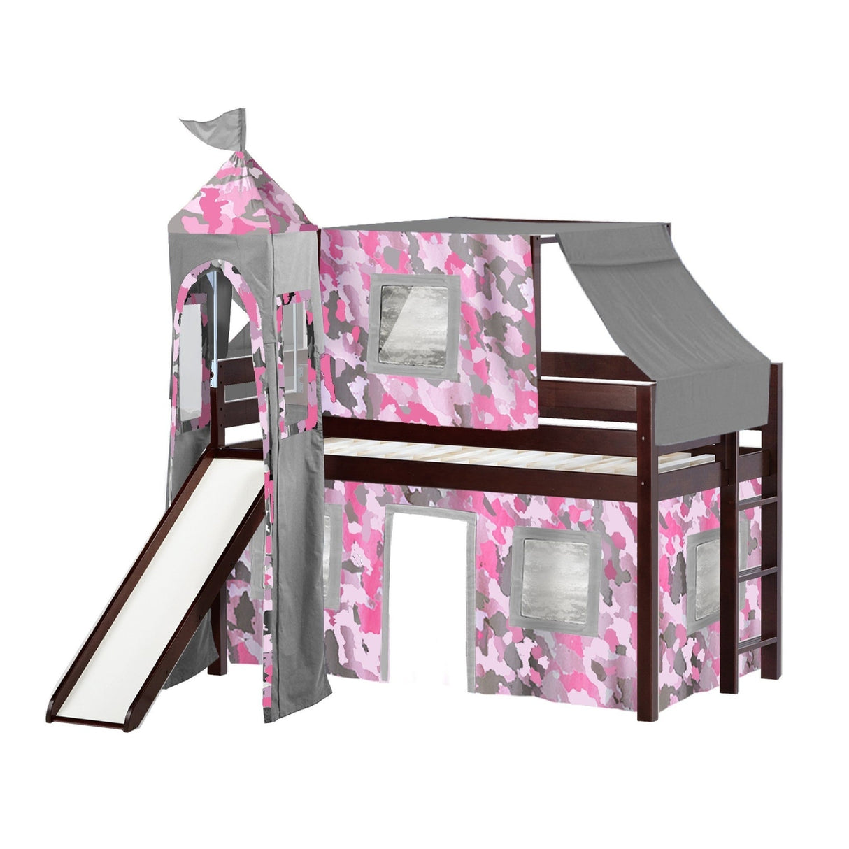 JACKPOT Prince & Princess Low Loft Twin Bed, Ladder Slide Tent & Tower