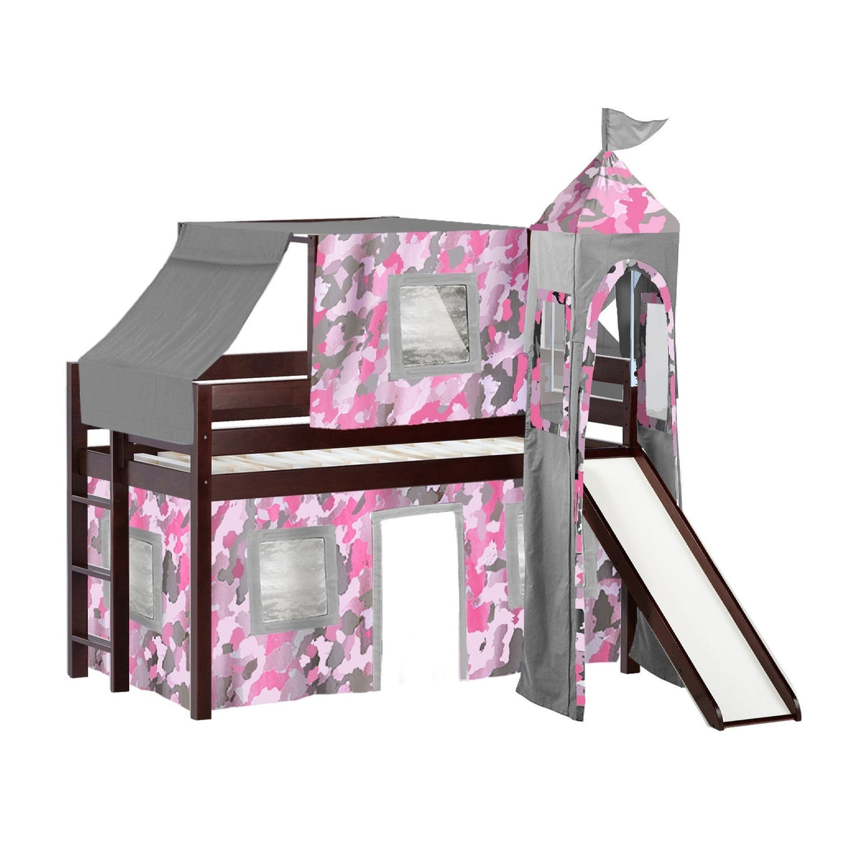 JACKPOT Prince & Princess Low Loft Twin Bed, Ladder Slide Tent & Tower