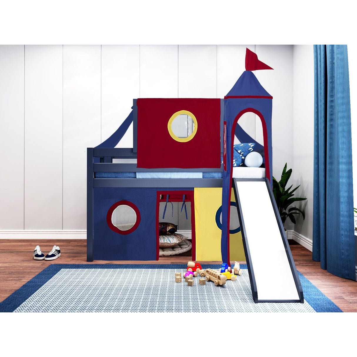 JACKPOT Prince & Princess Low Loft Twin Bed, Ladder Slide Tent & Tower