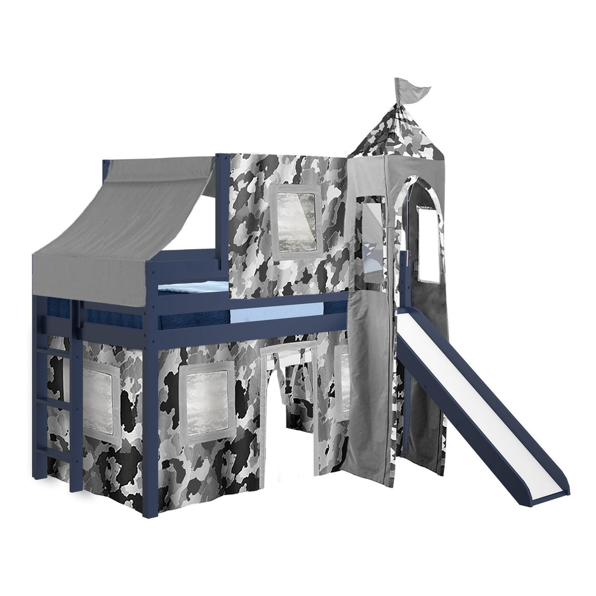 JACKPOT Prince & Princess Low Loft Twin Bed, Ladder Slide Tent & Tower