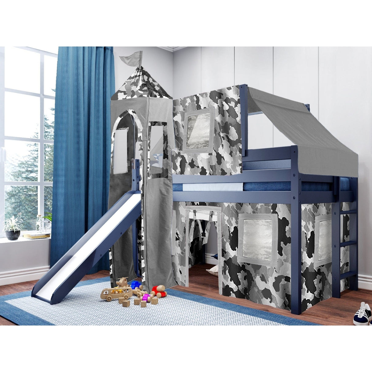 JACKPOT Prince & Princess Low Loft Twin Bed, Ladder Slide Tent & Tower