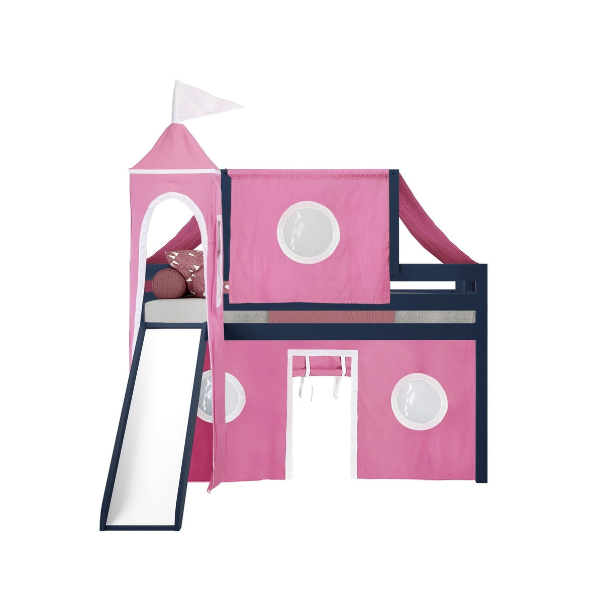 JACKPOT Prince & Princess Low Loft Twin Bed, Ladder Slide Tent & Tower