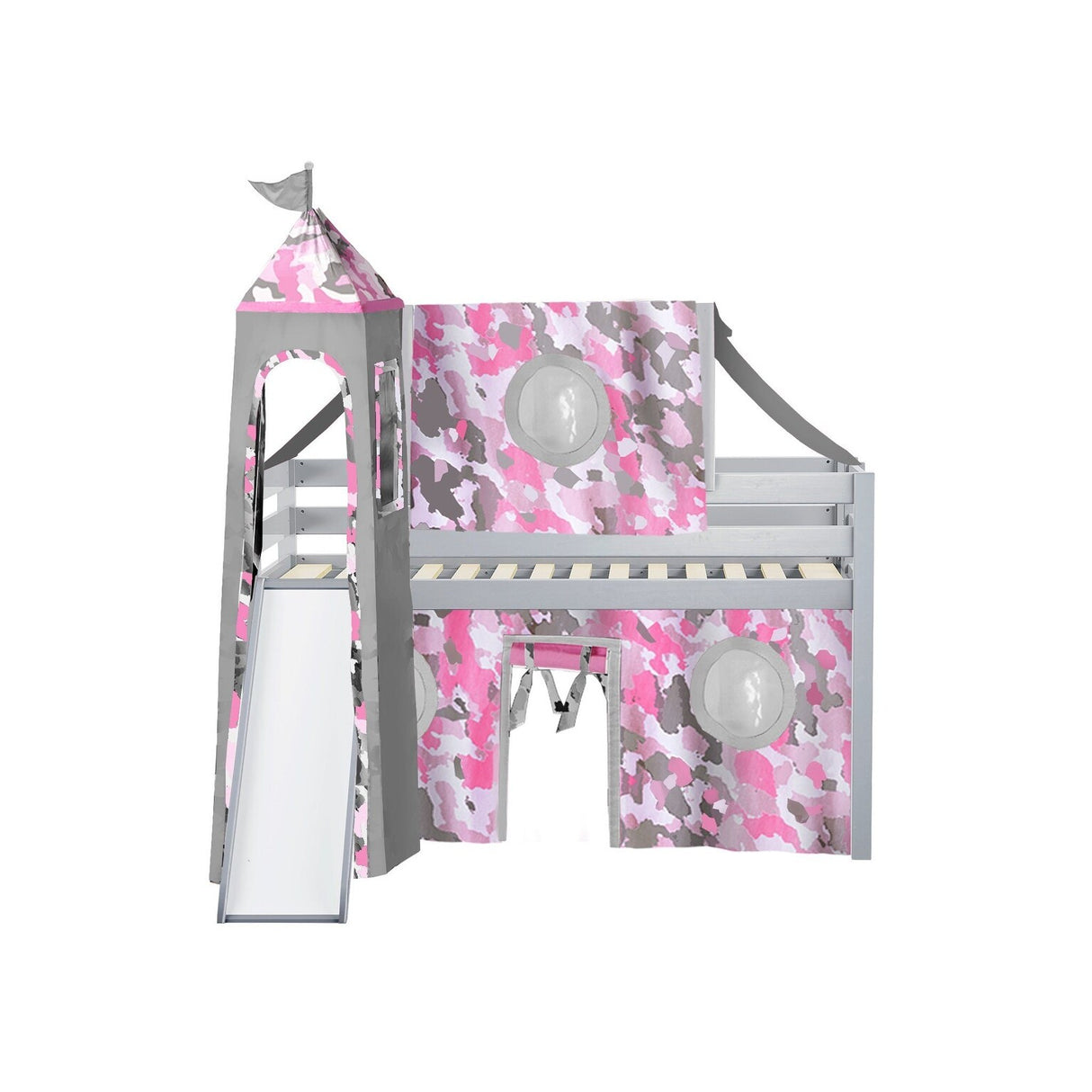 JACKPOT Prince & Princess Low Loft Twin Bed, Ladder Slide Tent & Tower