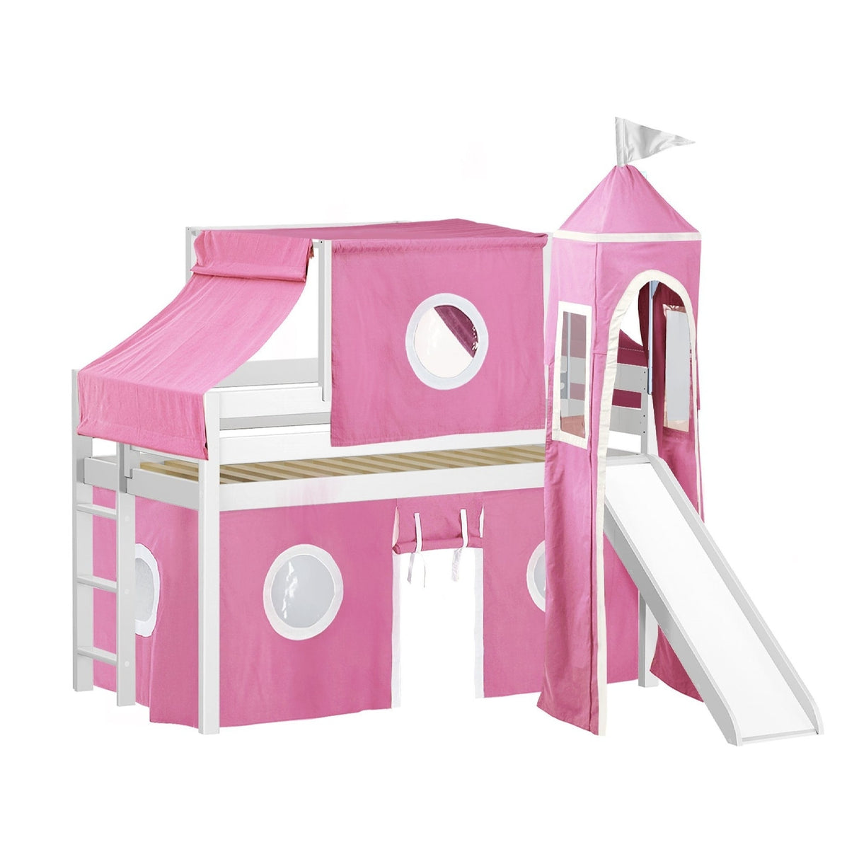 JACKPOT Prince & Princess Low Loft Twin Bed, Ladder Slide Tent & Tower
