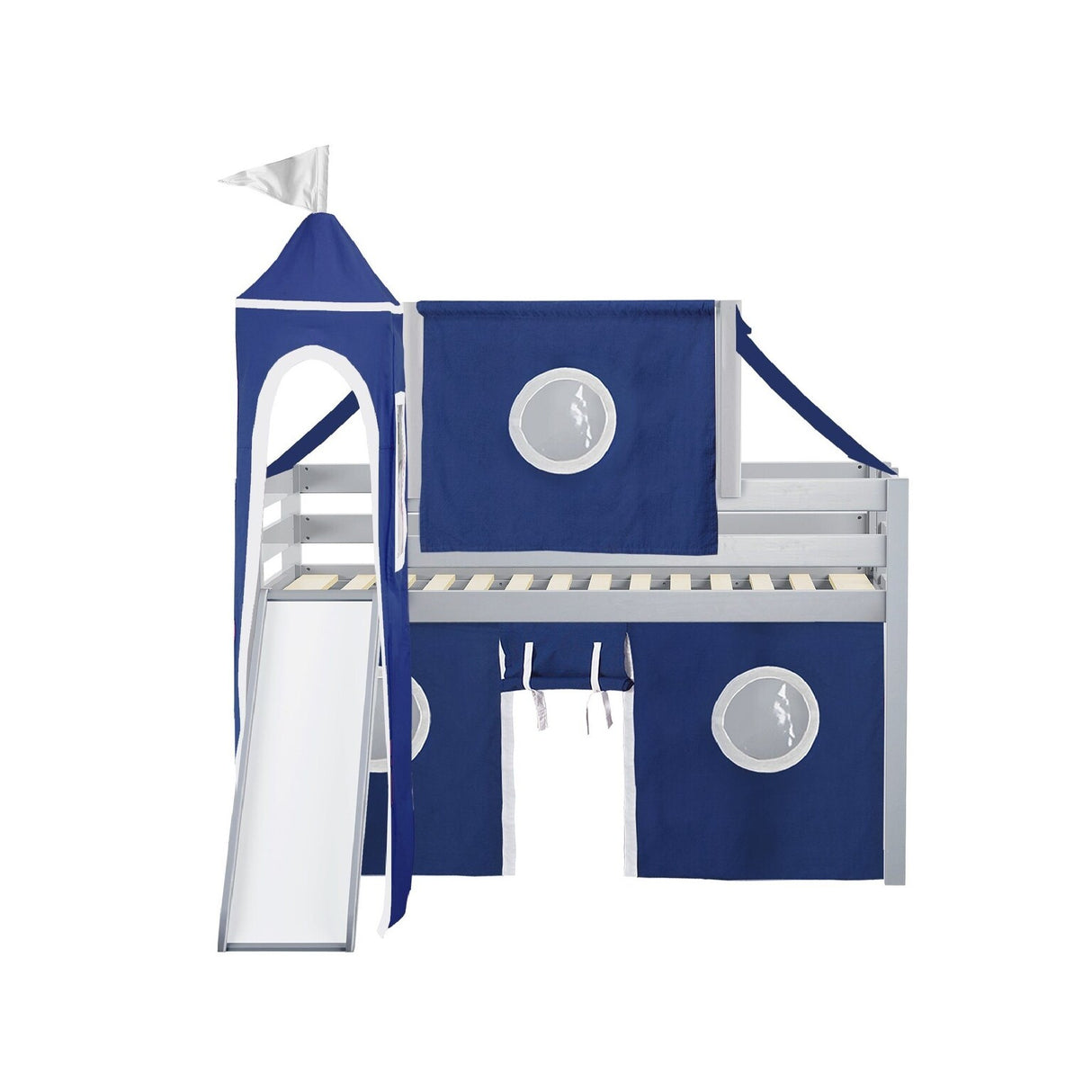 JACKPOT Prince & Princess Low Loft Twin Bed, Ladder Slide Tent & Tower