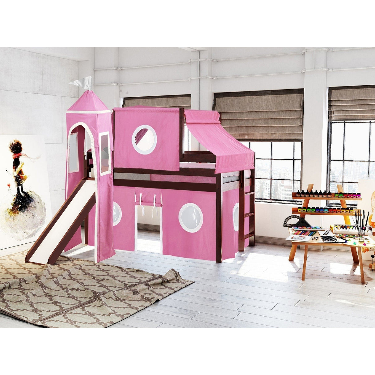 JACKPOT Prince & Princess Low Loft Twin Bed, Ladder Slide Tent & Tower