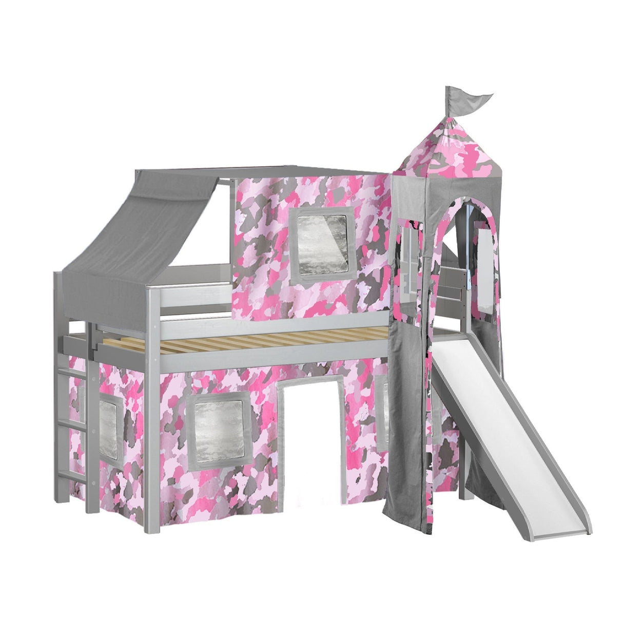JACKPOT Prince & Princess Low Loft Twin Bed, Ladder Slide Tent & Tower