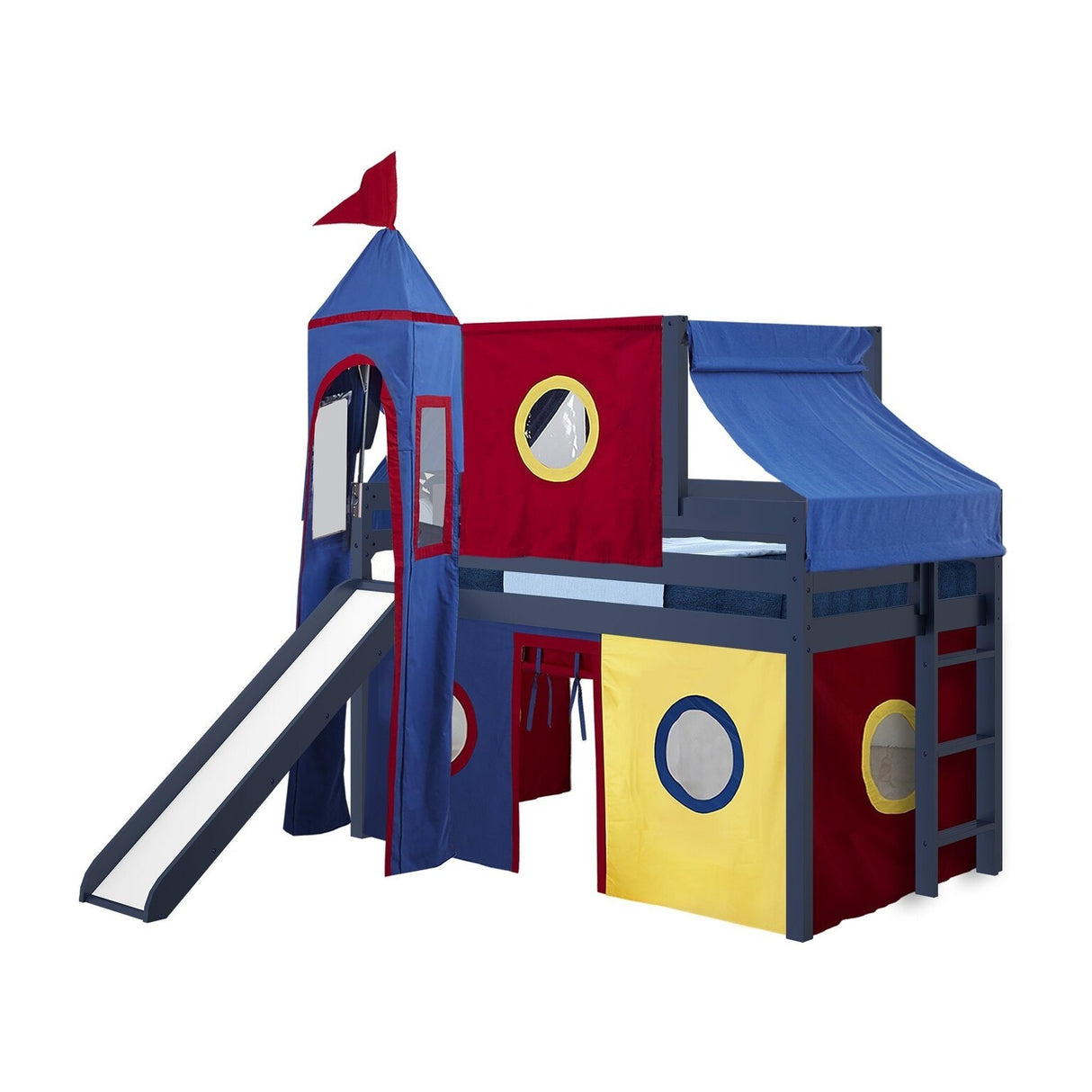 JACKPOT Prince & Princess Low Loft Twin Bed, Ladder Slide Tent & Tower