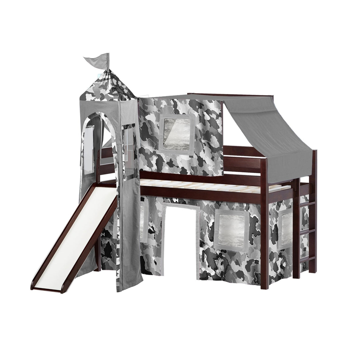 JACKPOT Prince & Princess Low Loft Twin Bed, Ladder Slide Tent & Tower