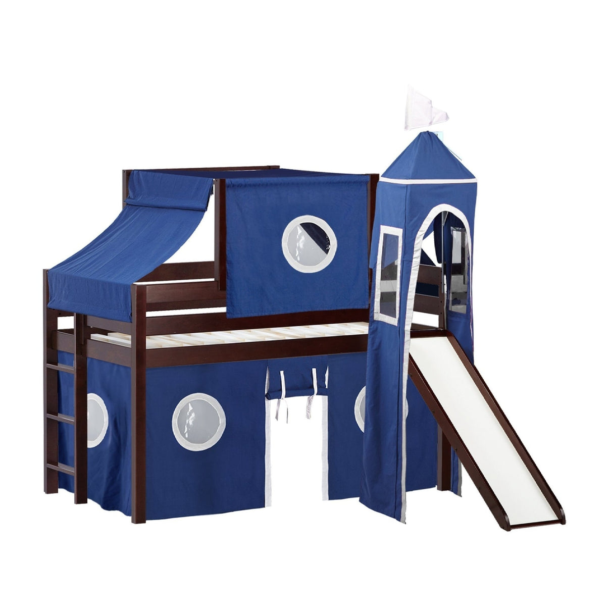 JACKPOT Prince & Princess Low Loft Twin Bed, Ladder Slide Tent & Tower