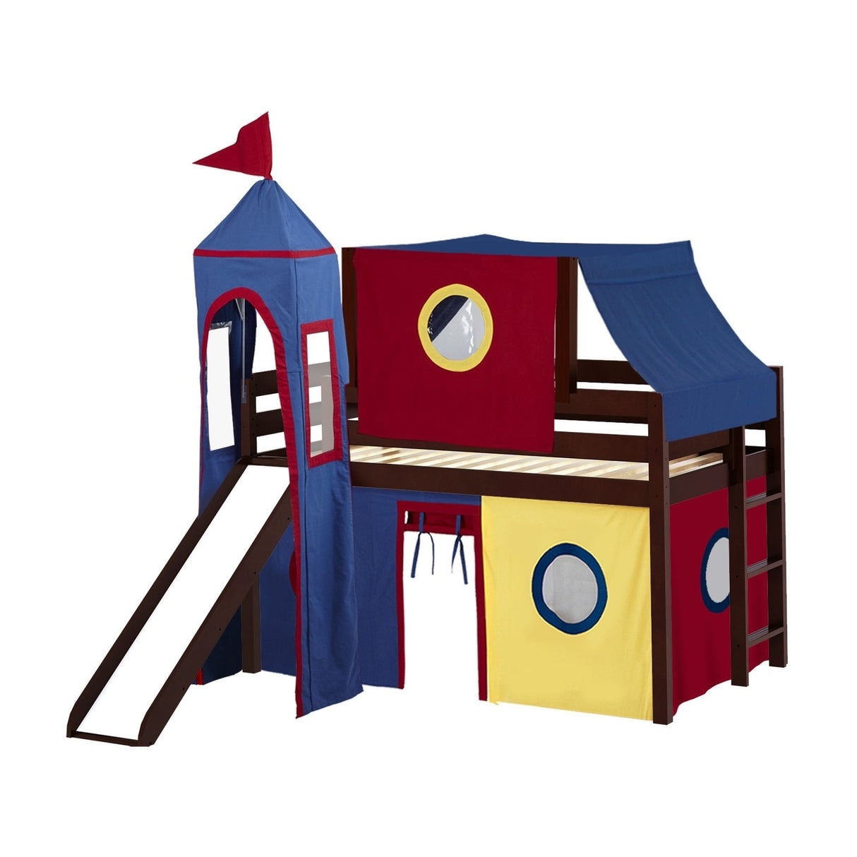 JACKPOT Prince & Princess Low Loft Twin Bed, Ladder Slide Tent & Tower