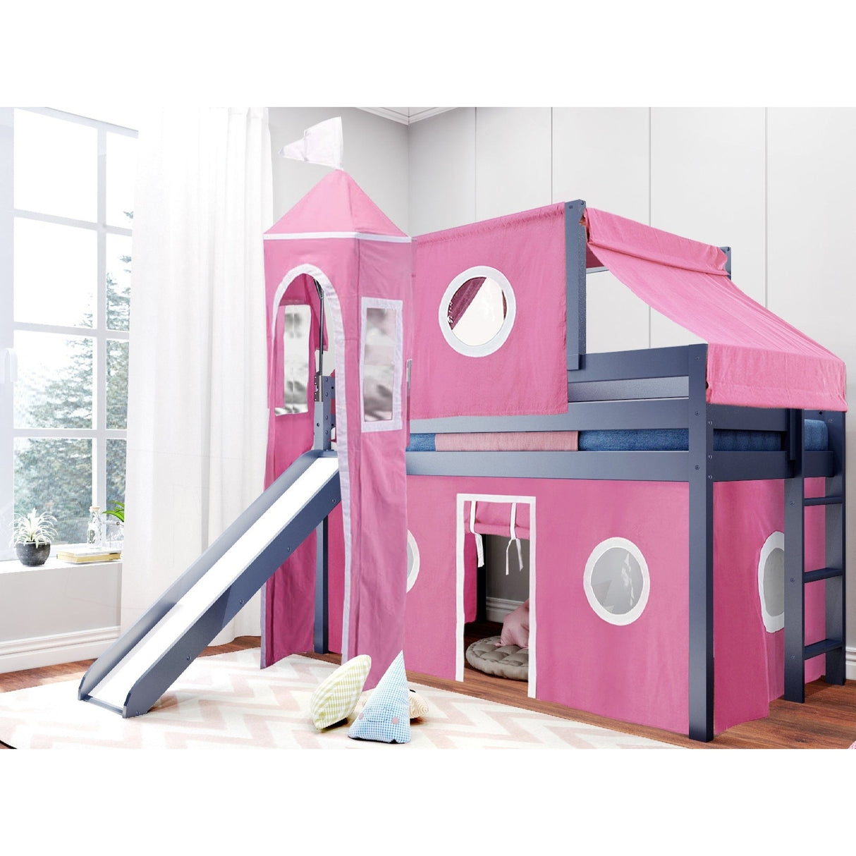 JACKPOT Prince & Princess Low Loft Twin Bed, Ladder Slide Tent & Tower