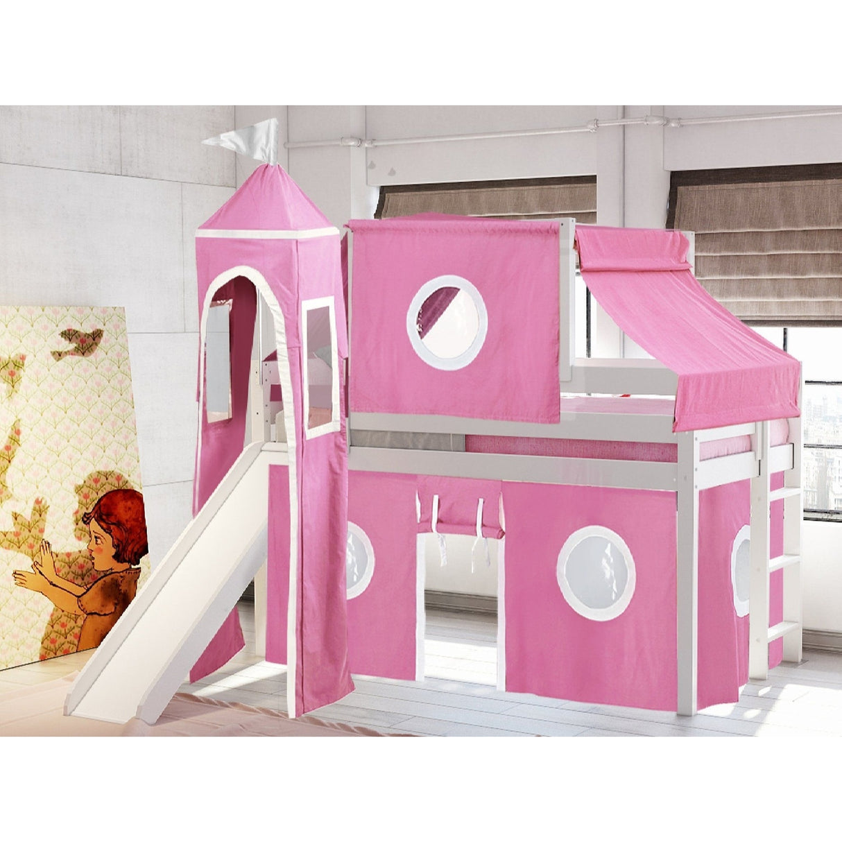 JACKPOT Prince & Princess Low Loft Twin Bed, Ladder Slide Tent & Tower