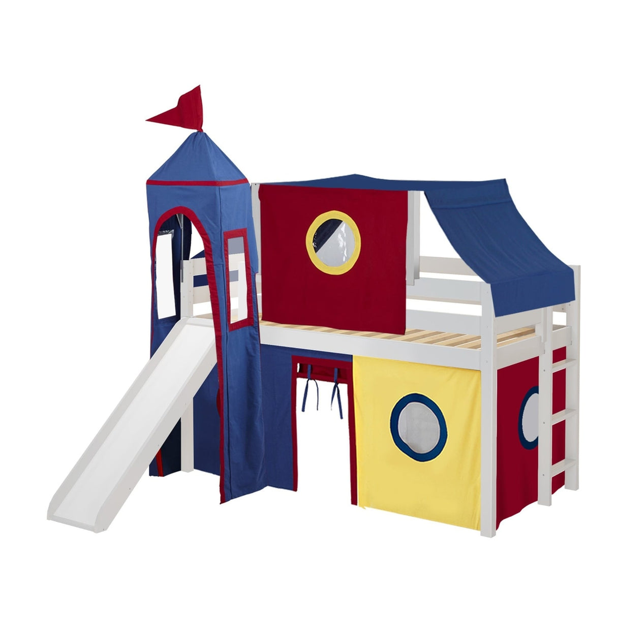JACKPOT Prince & Princess Low Loft Twin Bed, Ladder Slide Tent & Tower