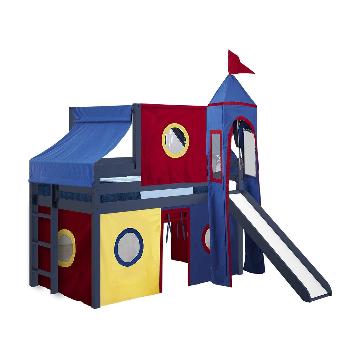 JACKPOT Prince & Princess Low Loft Twin Bed, Ladder Slide Tent & Tower