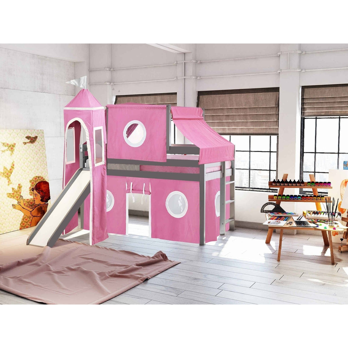 JACKPOT Prince & Princess Low Loft Twin Bed, Ladder Slide Tent & Tower