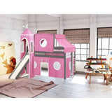 JACKPOT Prince & Princess Low Loft Twin Bed, Ladder Slide Tent & Tower