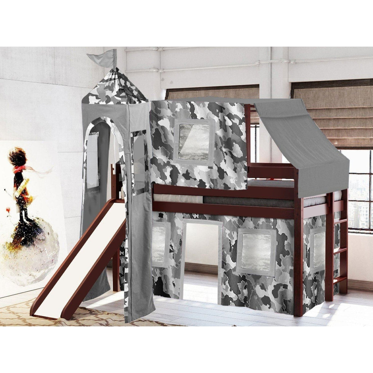 JACKPOT Prince & Princess Low Loft Twin Bed, Ladder Slide Tent & Tower