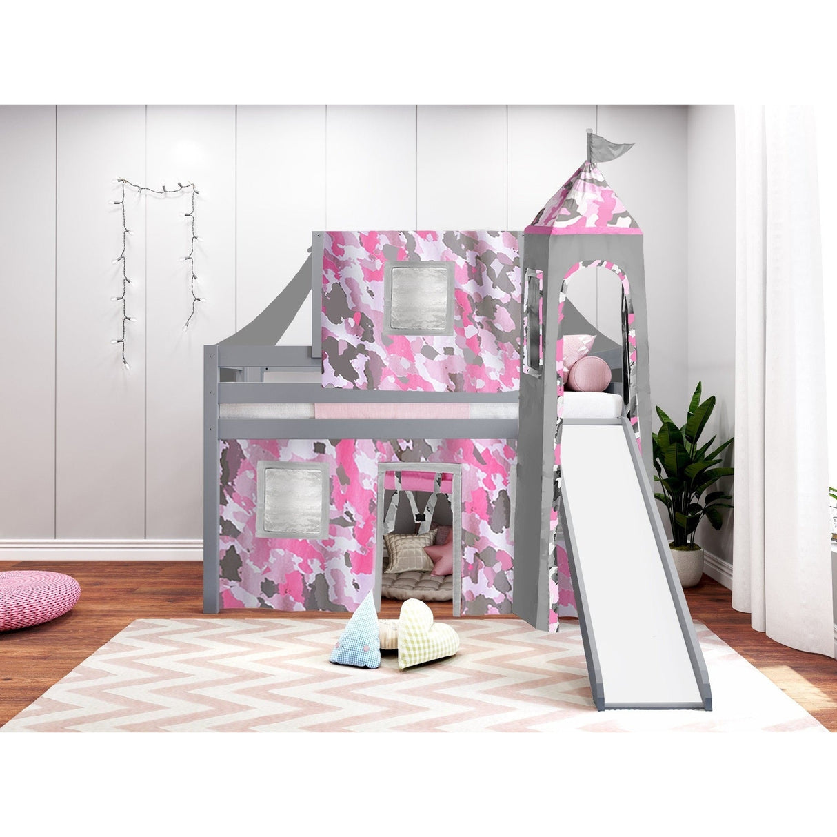 JACKPOT Prince & Princess Low Loft Twin Bed, Ladder Slide Tent & Tower