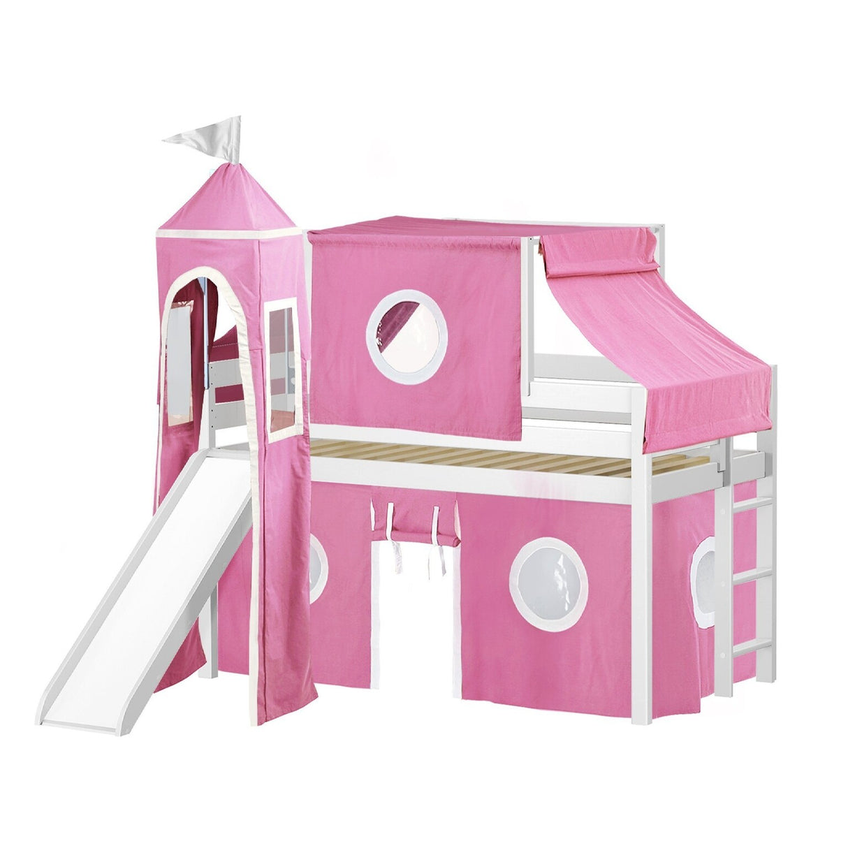 JACKPOT Prince & Princess Low Loft Twin Bed, Ladder Slide Tent & Tower